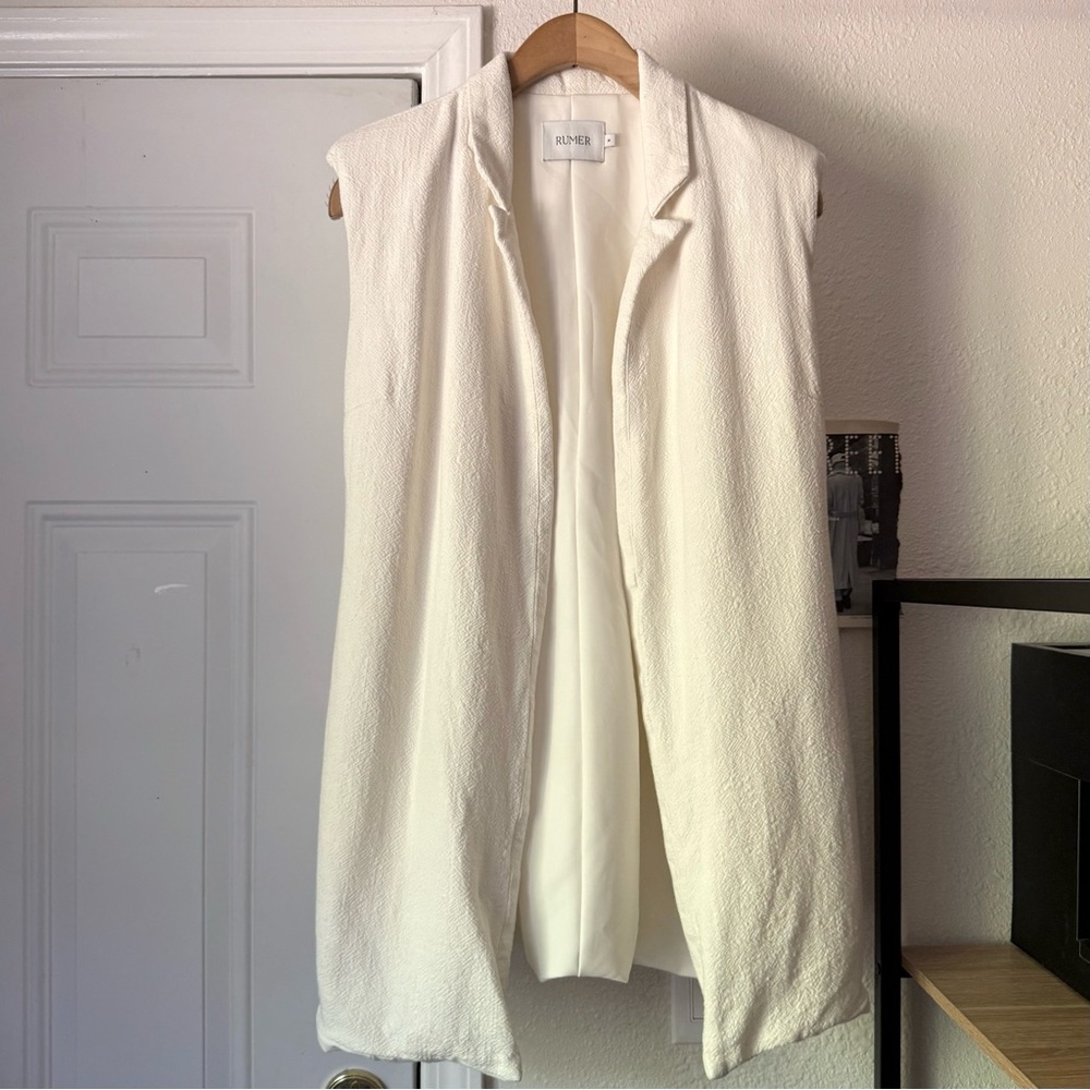 RUMER off white textured buttonless long‎ line duster vest jacket